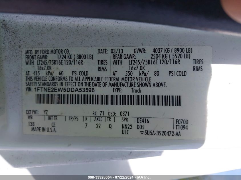 2013 Ford E-250 Commercial VIN: 1FTNE2EW5DDA53596 Lot: 39928054