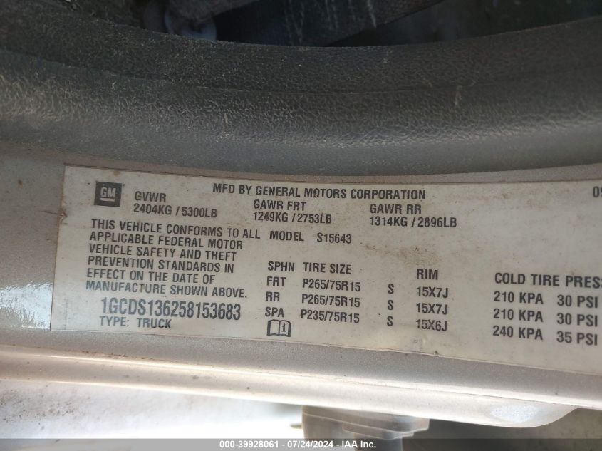 2005 Chevrolet Colorado Ls VIN: 1GCDS136258153683 Lot: 39928061