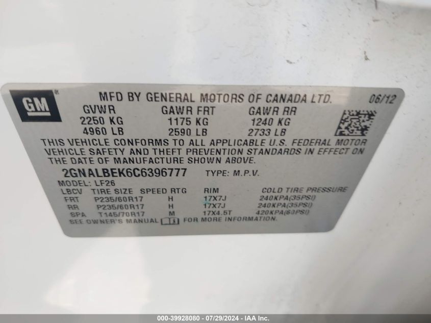 2012 Chevrolet Equinox Ls VIN: 2GNALBEK6C6396777 Lot: 39928080