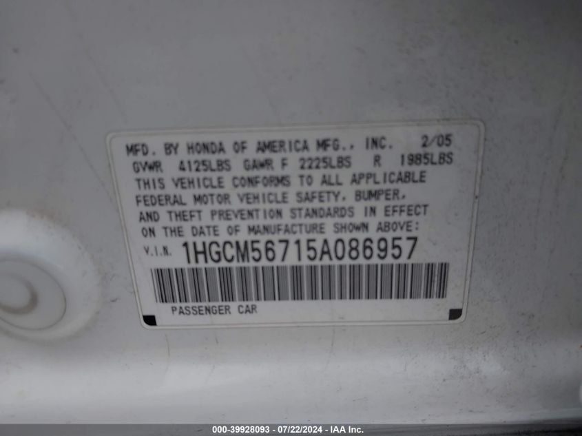 2005 Honda Accord 2.4 Ex VIN: 1HGCM56715A086957 Lot: 39928093