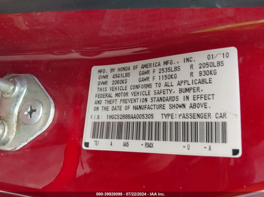 2010 Honda Accord 3.5 Ex-L VIN: 1HGCS2B88AA005305 Lot: 39928098