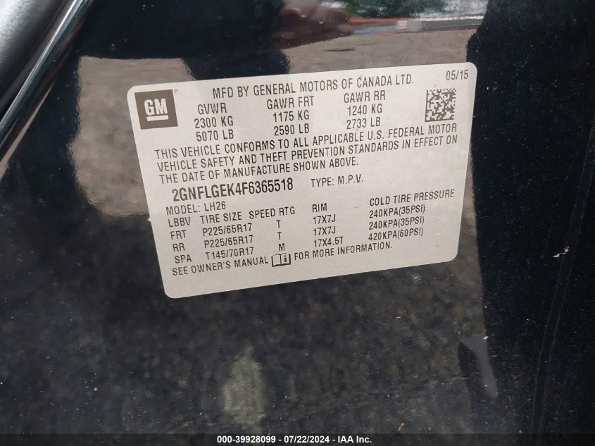 2015 Chevrolet Equinox 2Lt VIN: 2GNFLGEK4F6365518 Lot: 39928099