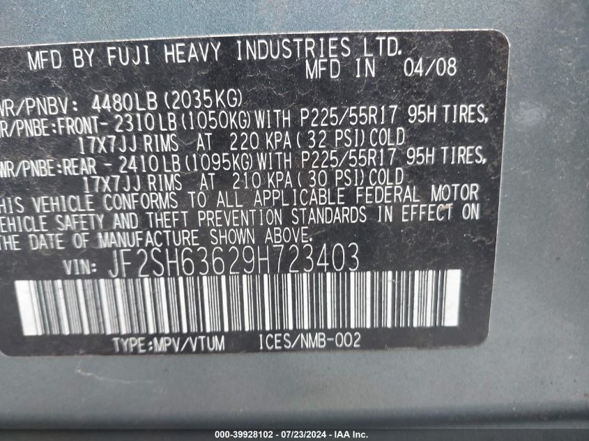 2009 Subaru Forester 2.5X VIN: JF2SH63629H723403 Lot: 39928102