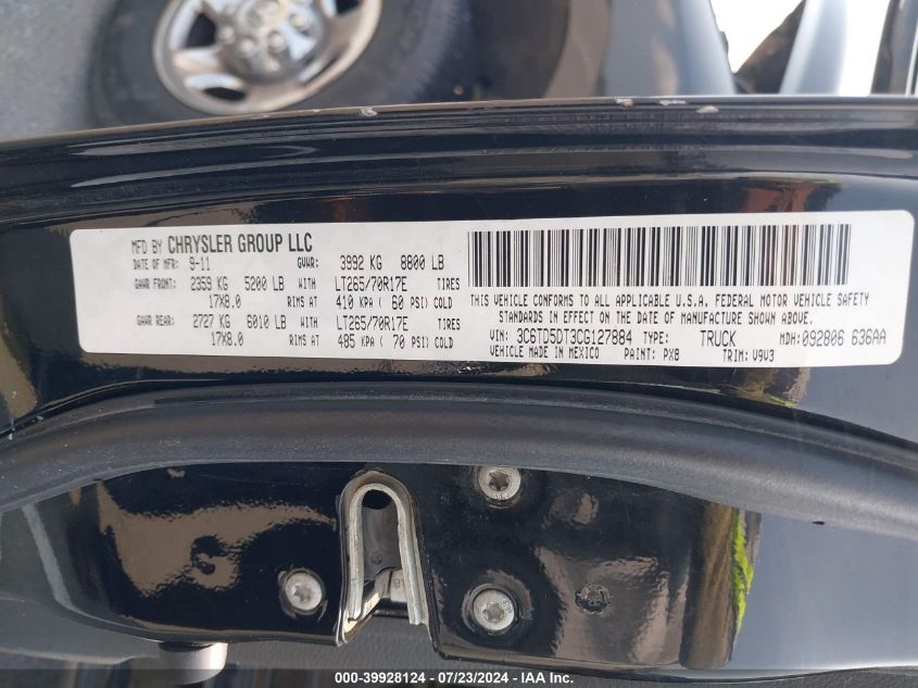 2012 Ram 2500 Slt VIN: 3C6TD5DT3CG127884 Lot: 39928124