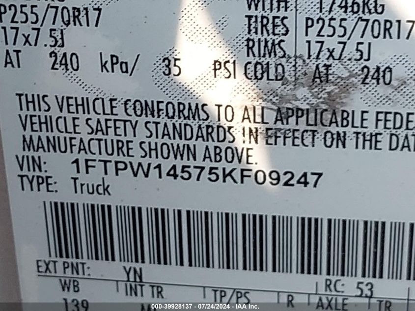 2005 Ford F-150 Fx4/Lariat/Xlt VIN: 1FTPW14575KF09247 Lot: 39928137