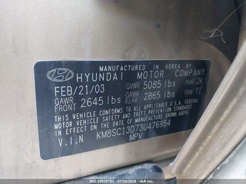 2003 Hyundai Santa Fe Gls/Lx VIN: KM8SC13D73U476954 Lot: 39928151