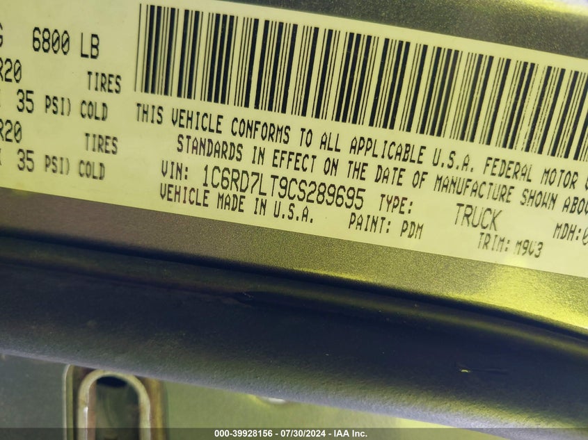 2012 Ram 1500 Slt VIN: 1C6RD7LT9CS289695 Lot: 39928156