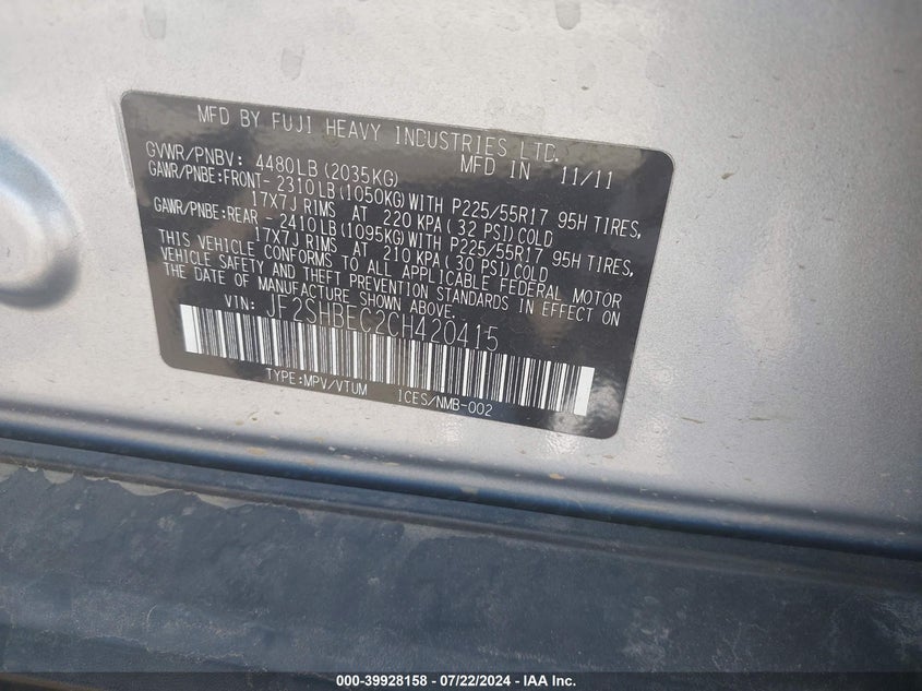 2012 Subaru Forester 2.5X Limited VIN: JF2SHBEC2CH420415 Lot: 39928158