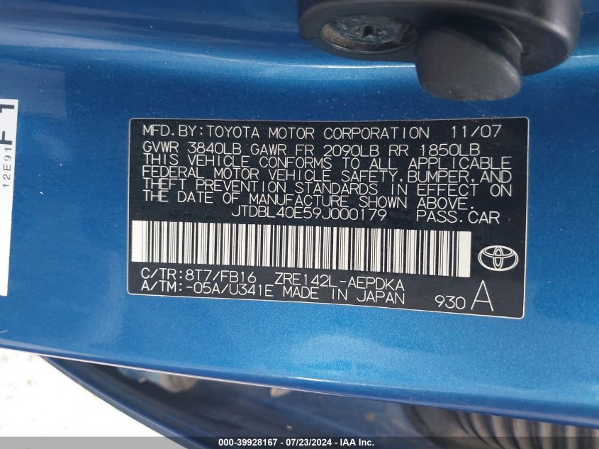 2009 Toyota Corolla VIN: JTDBL40E59J000179 Lot: 39928167