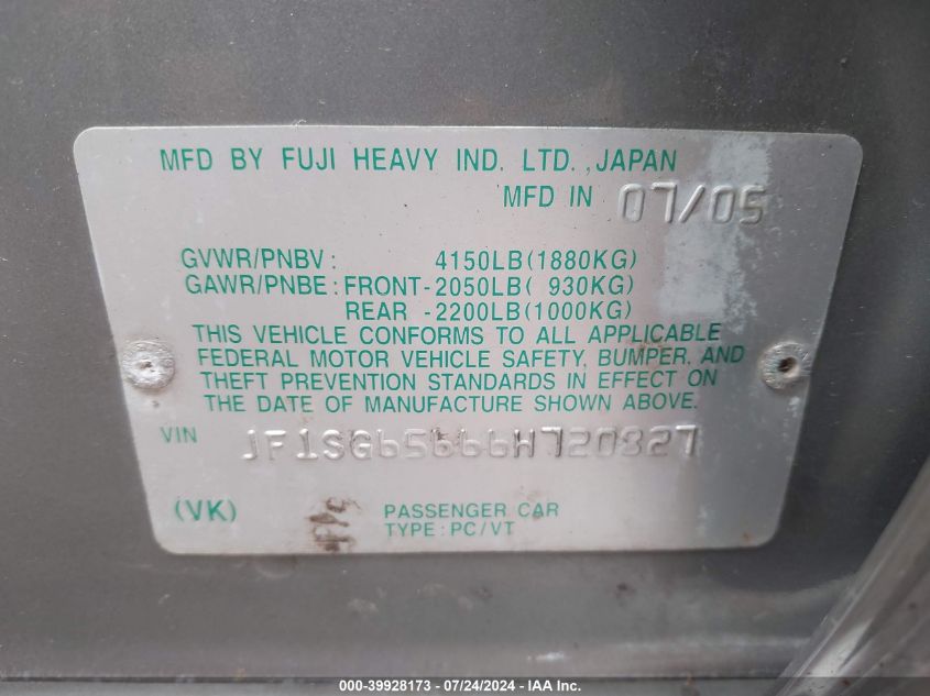 2006 Subaru Forester 2.5X VIN: JF1SG65666H720827 Lot: 39928173