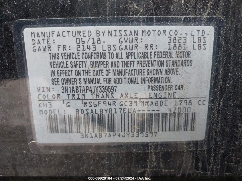 2018 Nissan Sentra S VIN: 3N1AB7AP4JY339597 Lot: 39928184