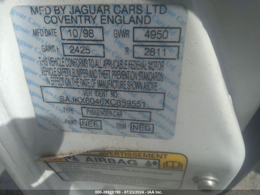 1999 Jaguar Xj8 Vanden Plas VIN: SAJKX6046XC859551 Lot: 39928190