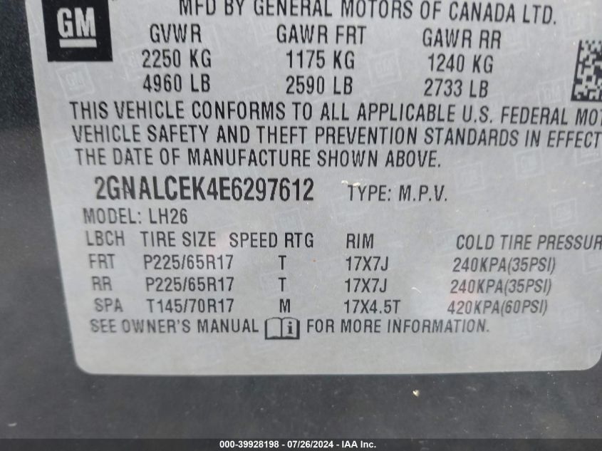 2014 Chevrolet Equinox Lt VIN: 2GNALCEK4E6297612 Lot: 39928198