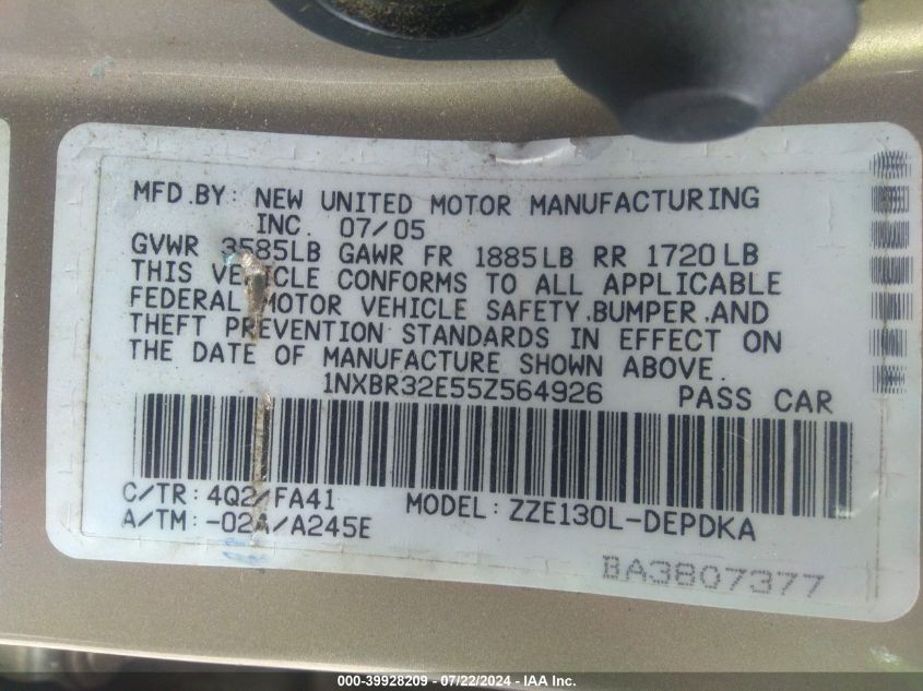 2005 Toyota Corolla Ce VIN: 1NXBR32E55Z564926 Lot: 39928209