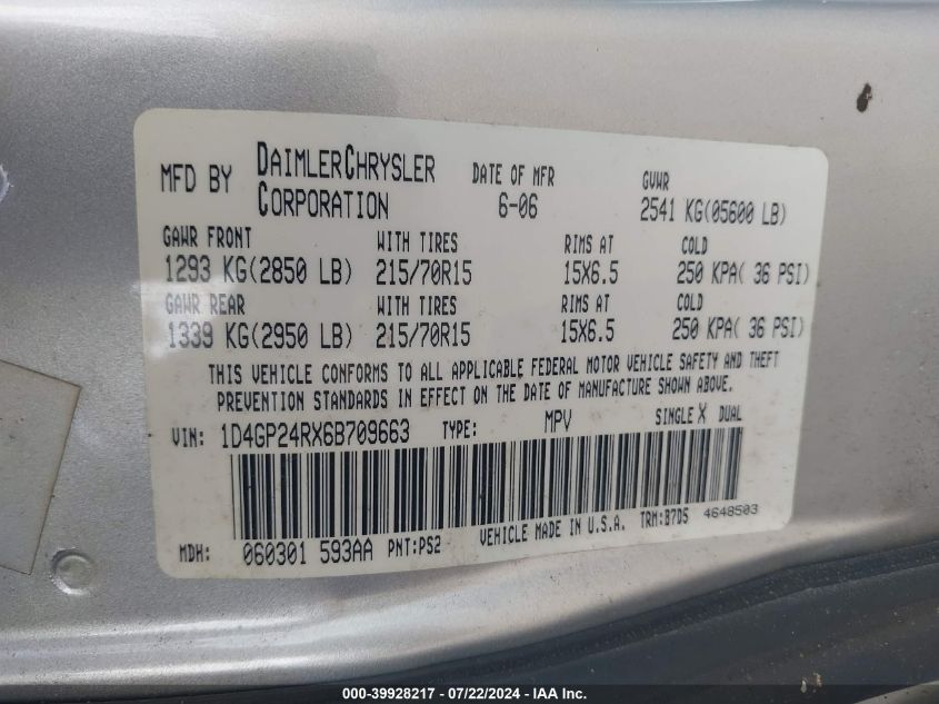 2006 Dodge Grand Caravan Se VIN: 1D4GP24RX6B709663 Lot: 39928217