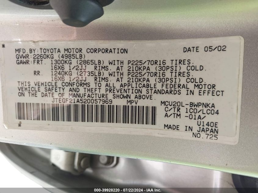 2002 Toyota Highlander Limited V6 VIN: JTEGF21A520057969 Lot: 39928220