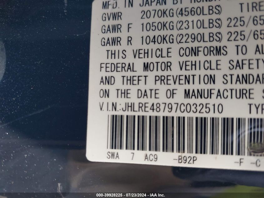 2007 Honda Cr-V Ex-L VIN: JHLRE48797C032510 Lot: 39928225