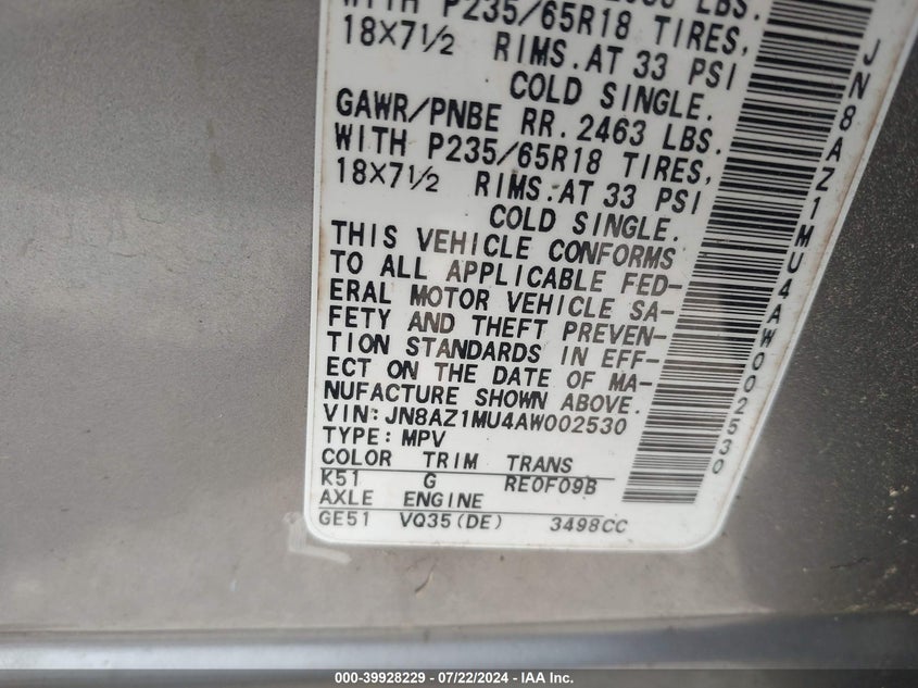 2010 Nissan Murano S VIN: JN8AZ1MU4AW002530 Lot: 39928229