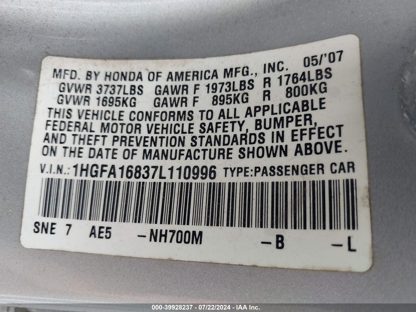 2007 Honda Civic Ex VIN: 1HGFA16837L110996 Lot: 39928237