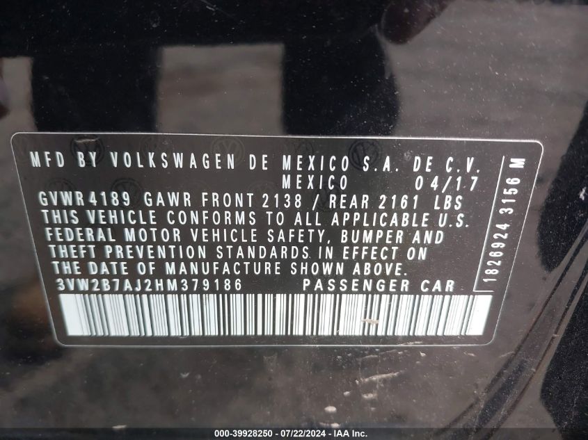 3VW2B7AJ2HM379186 | 2017 VOLKSWAGEN JETTA