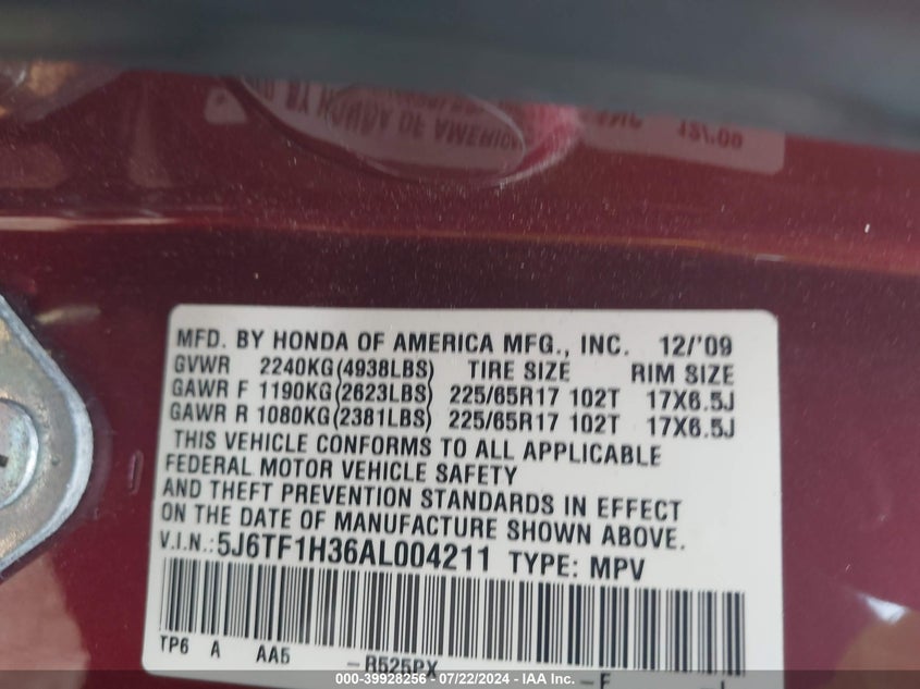 2010 Honda Accord Crosstour Ex VIN: 5J6TF1H36AL004211 Lot: 39928256