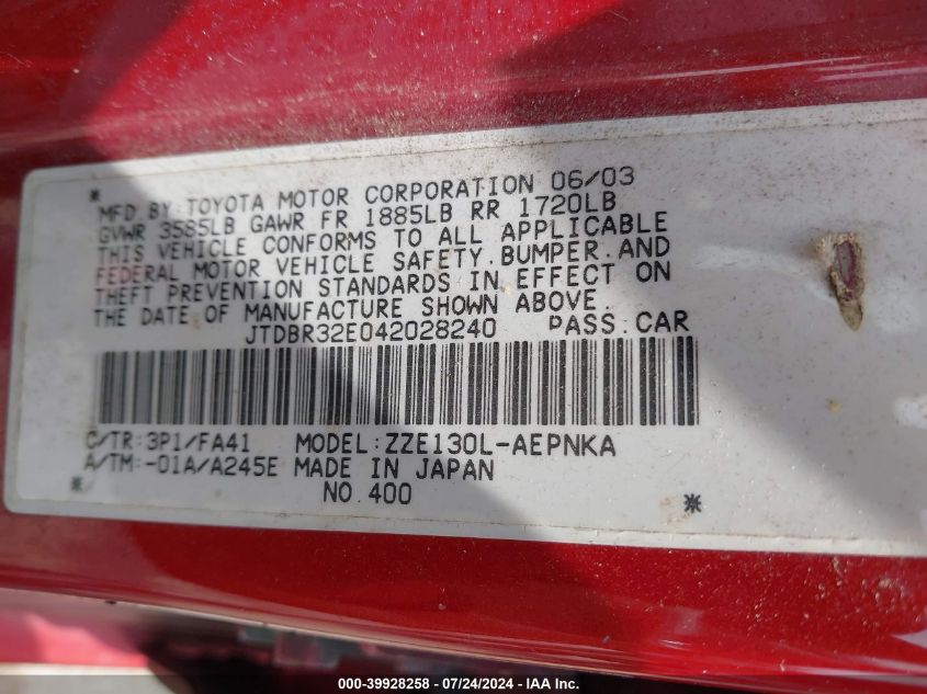 2004 Toyota Corolla Le VIN: JTDBR32E042028240 Lot: 39928258