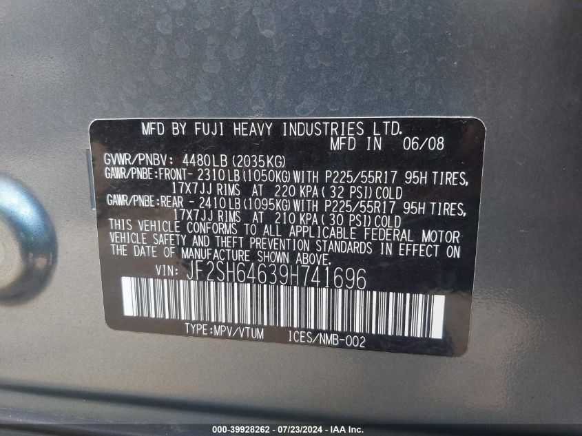 2009 Subaru Forester 2.5X Limited VIN: JF2SH64639H741696 Lot: 39928262