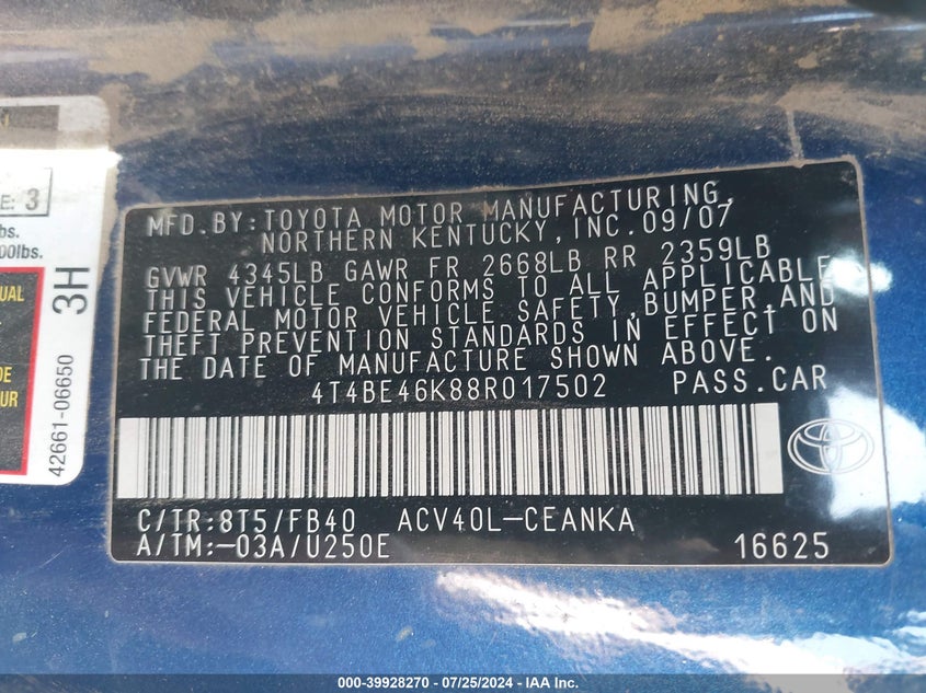 2008 Toyota Camry Le VIN: 4T4BE46K88R017502 Lot: 39928270