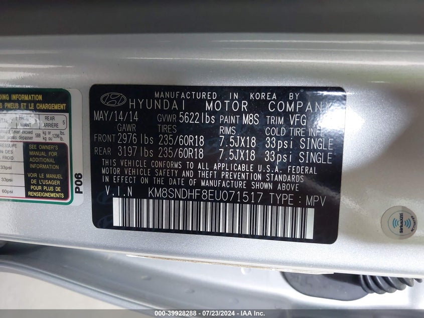 2014 Hyundai Santa Fe Gls VIN: KM8SNDHF8EU071517 Lot: 39928288