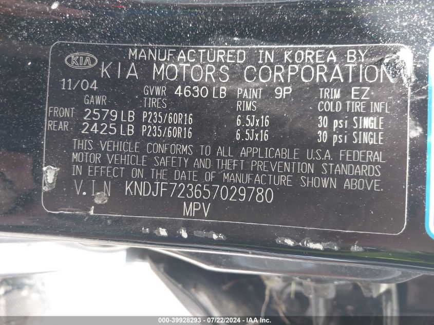 2005 Kia Sportage Ex V6/Lx V6 VIN: KNDJF723657029780 Lot: 39928293