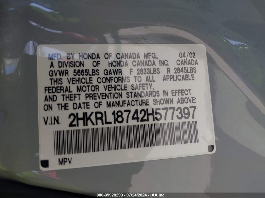 2002 Honda Odyssey Ex-L VIN: 2HKRL18742H577397 Lot: 39928299