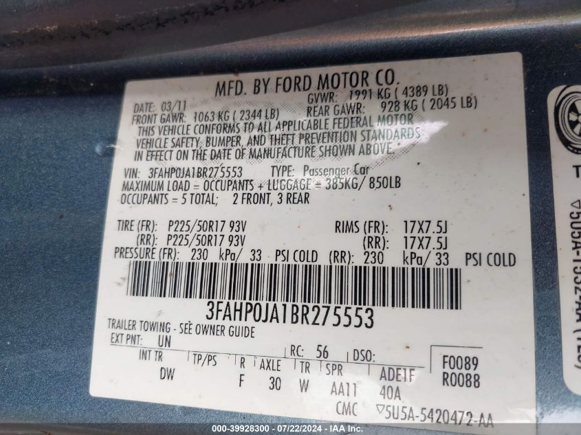 2011 Ford Fusion Sel VIN: 3FAHP0JA1BR275553 Lot: 39928300