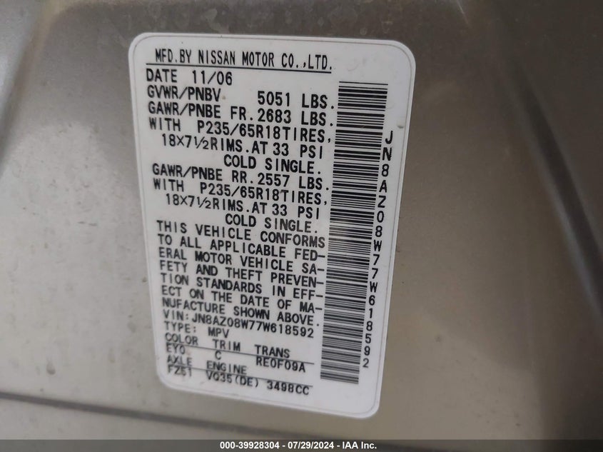 2007 Nissan Murano Sl/Se/S VIN: JN8AZ08W77W618592 Lot: 39928304