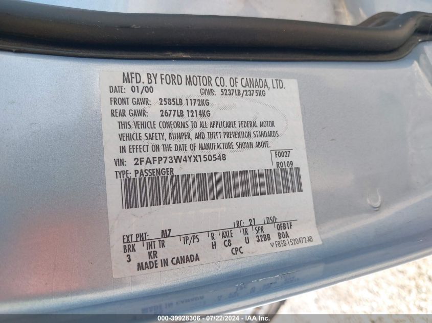 2000 Ford Crown Victoria VIN: 2FAFP73W4YX150548 Lot: 39928306