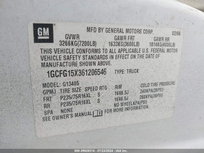 2006 Chevrolet Express Work Van VIN: 1GCFG15X361206546 Lot: 39928314