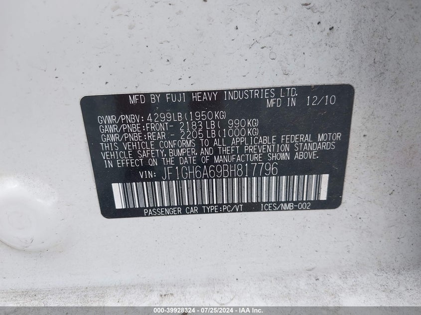 2011 Subaru Impreza 2.5I VIN: JF1GH6A69BH817796 Lot: 39928324