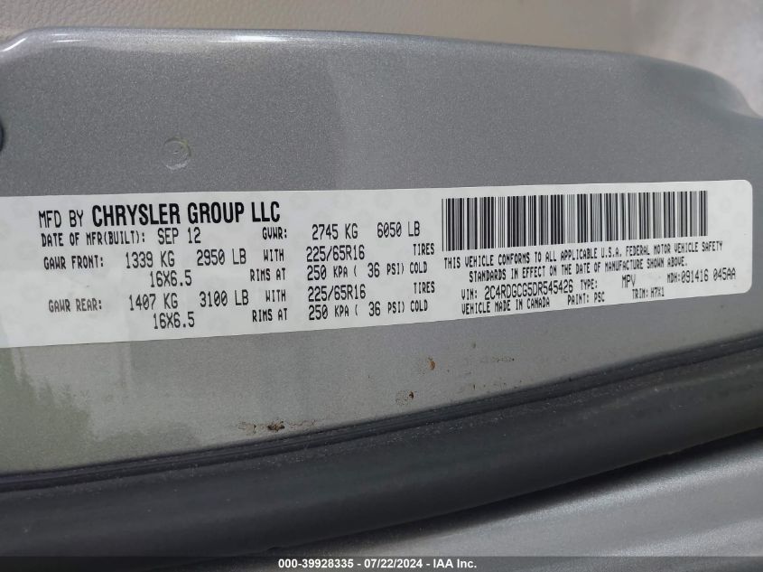 2013 Dodge Grand Caravan Sxt VIN: 2C4RDGCG5DR545426 Lot: 39928335