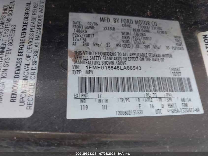 2006 Ford Expedition Eddie Bauer/King Ranch VIN: 1FMFU18546LA66543 Lot: 39928337