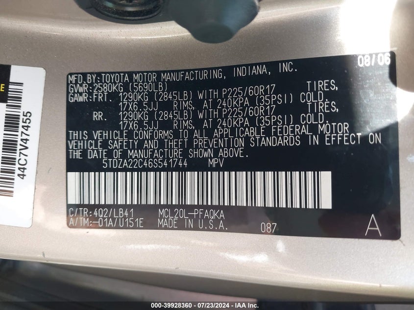 2006 Toyota Sienna Xle/Xle Limited VIN: 5TDZA22C46S541744 Lot: 39928360
