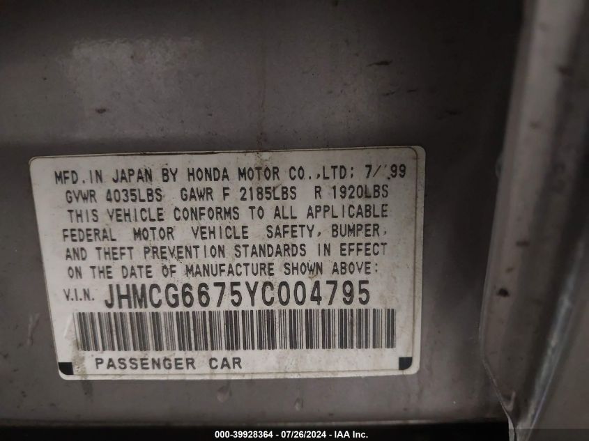 JHMCG6675YC004795 2000 Honda Accord 2.3 Ex