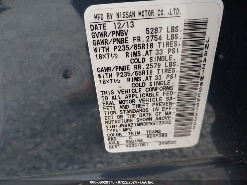 2014 Nissan Murano Sl VIN: JN8AZ1MW3EW513332 Lot: 39928376