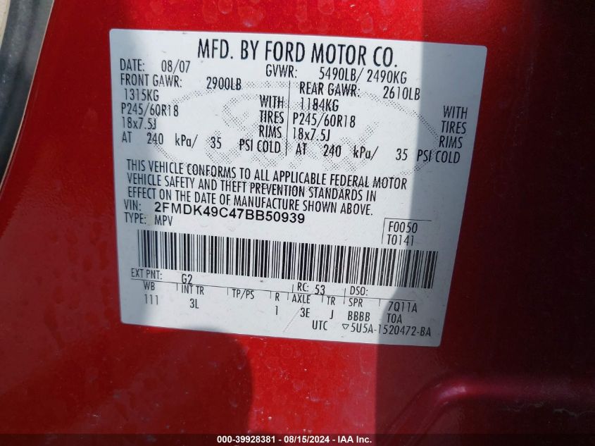 2007 Ford Edge Sel Plus VIN: 2FMDK49C47BB50939 Lot: 39928381