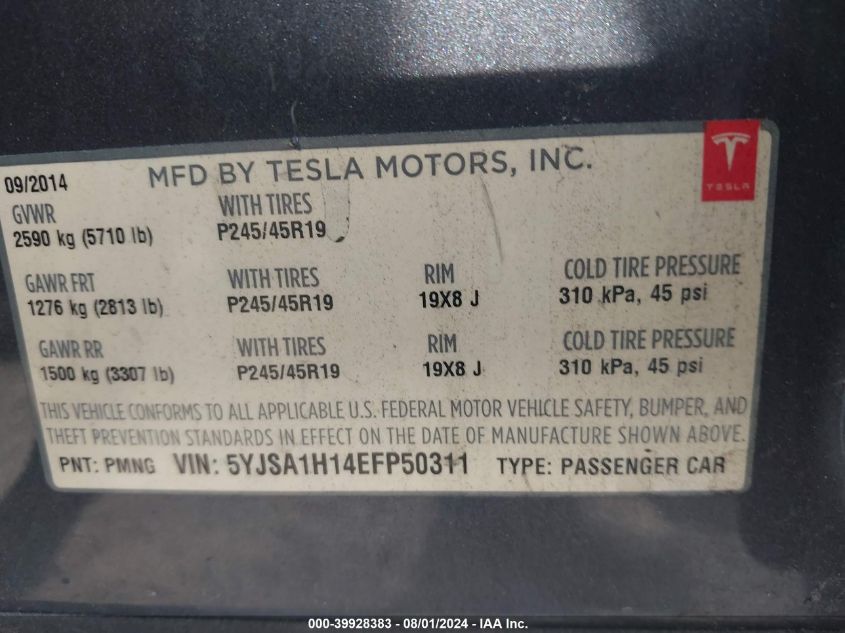 2014 Tesla Model S P85 VIN: 5YJSA1H14EFP50311 Lot: 39928383