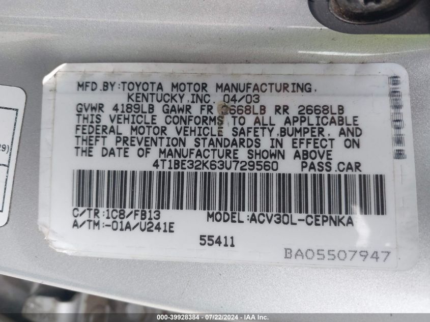 2003 Toyota Camry Le VIN: 4T1BE32K63U729560 Lot: 39928384