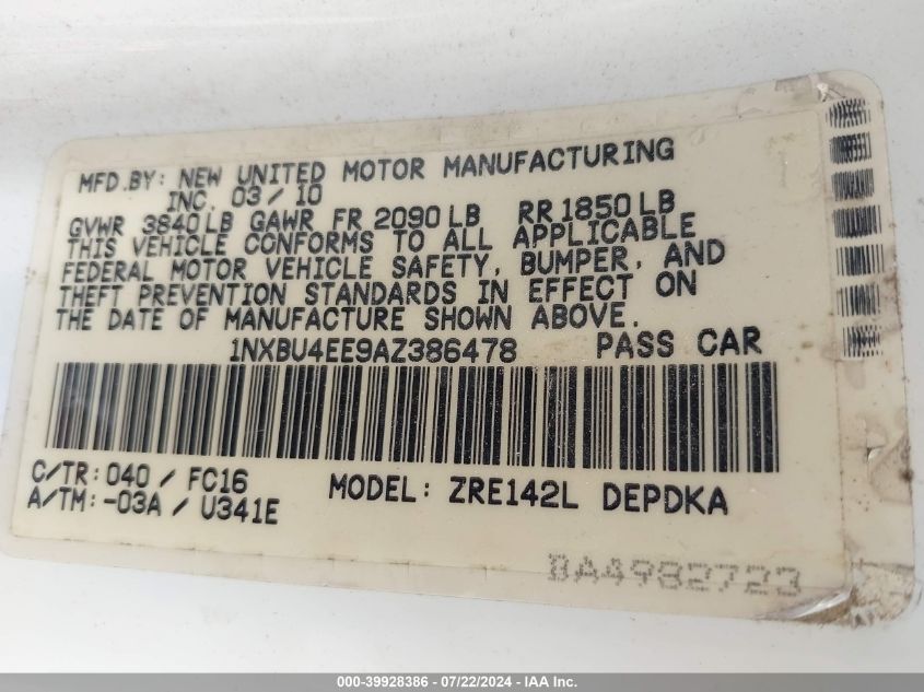 2010 Toyota Corolla Le VIN: 1NXBU4EE9AZ386478 Lot: 39928386