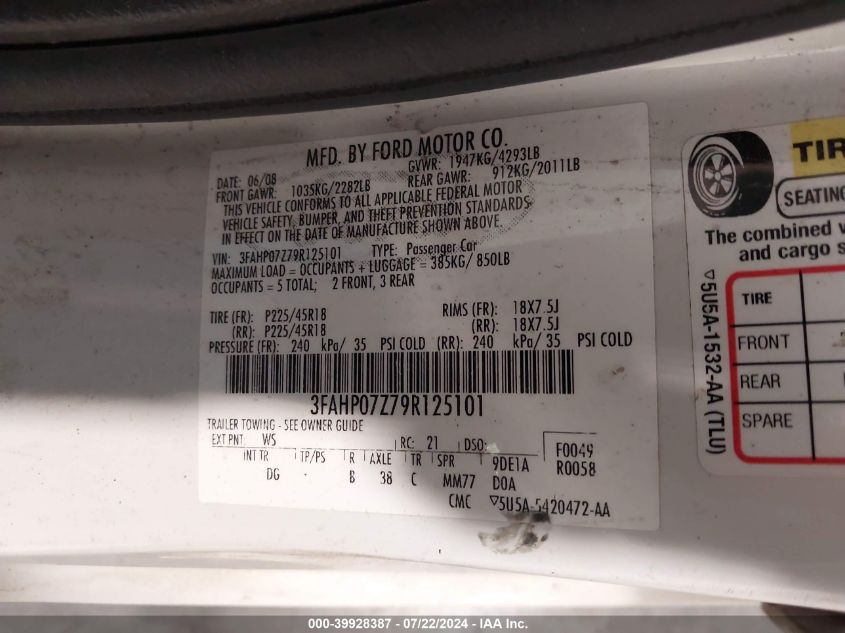 2009 Ford Fusion Se VIN: 3FAHP07Z79R125101 Lot: 39928387