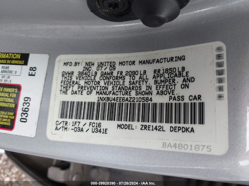 2010 Toyota Corolla Le VIN: 1NXBU4EE6AZ210584 Lot: 39928390