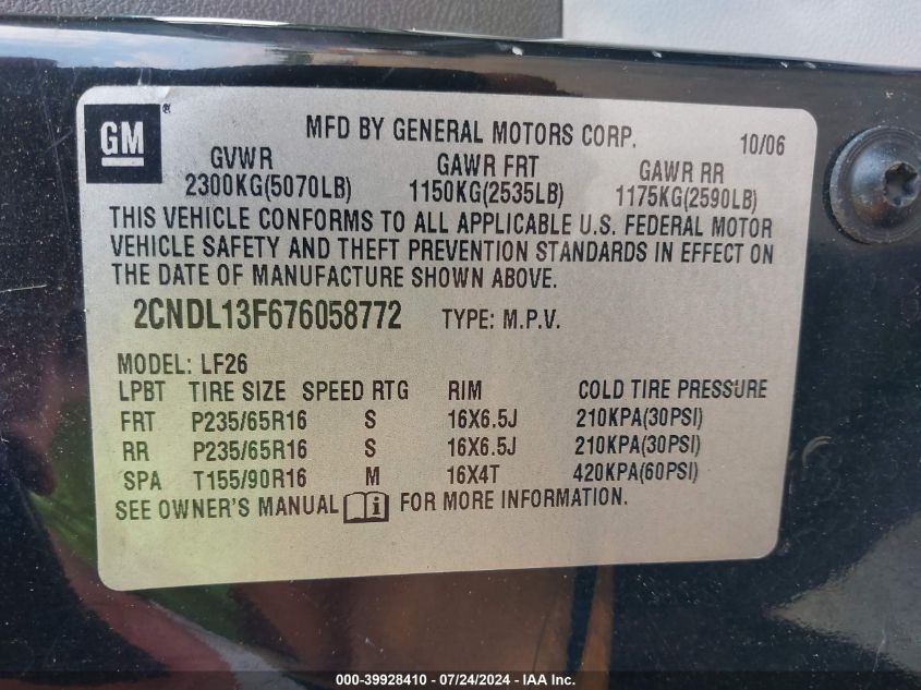 2CNDL13F676058772 2007 Chevrolet Equinox Ls