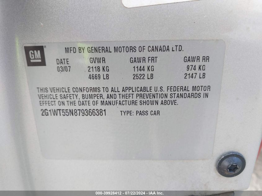 2007 Chevrolet Impala Lt VIN: 2G1WT55N879366381 Lot: 39928412