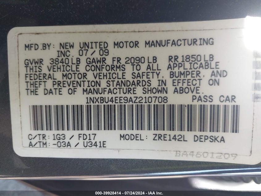 2010 Toyota Corolla S/Le/Xle VIN: 1NXBU4EE9AZ210708 Lot: 39928414